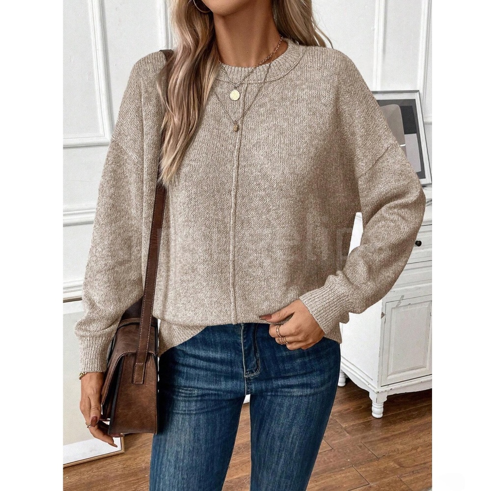 Beige Knit Pullover Loose Fit Sweater Long Sleeve Drop Shoulder - Picture 3 of 7